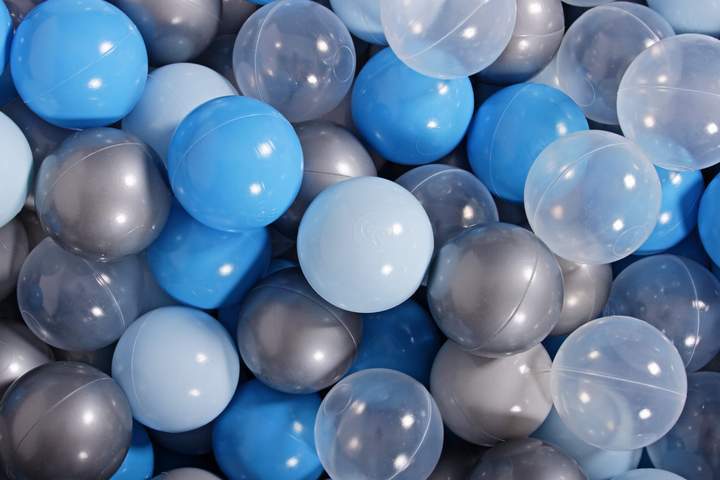 Ronde Ballenbak 300 ballen 90x40cm - Licht Grijs met Blauwe, Transparante, babyblauwe en zilveren ballen