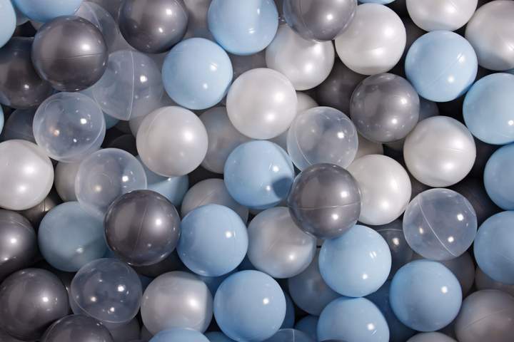 Ballenbak Ronde 200 ballen 90x30 cm Licht Grijs Babyblauw transparant zilver Parel wit ballen