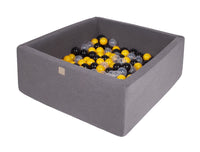 Vierkante ballenbak 90x90x40 - Donker grijs met Gele, Zwarte en Transparante ballen