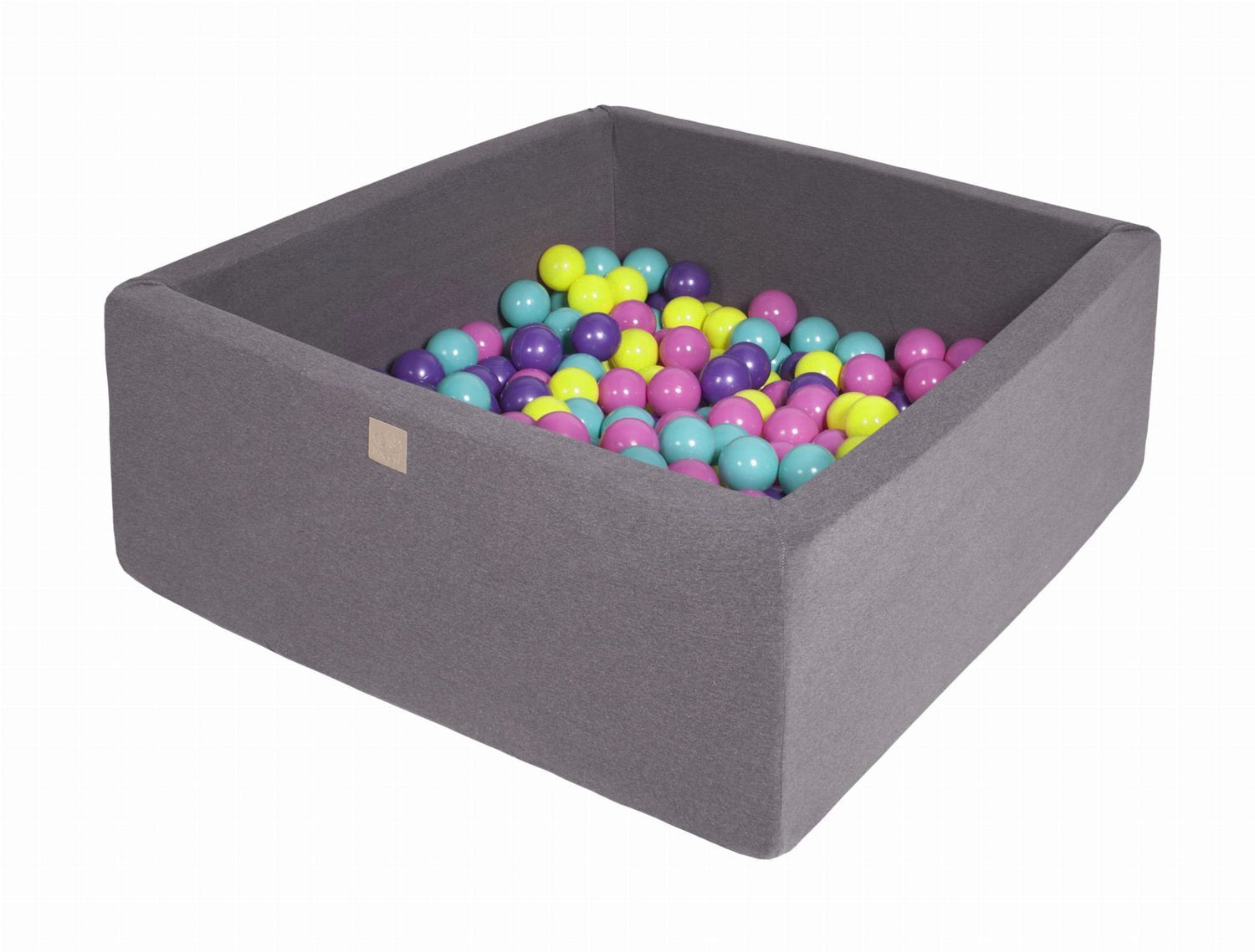 Vierkante ballenbak 90x90x40 - Donker grijs met Paarse, Donker roze, Lime en Turquoise ballen