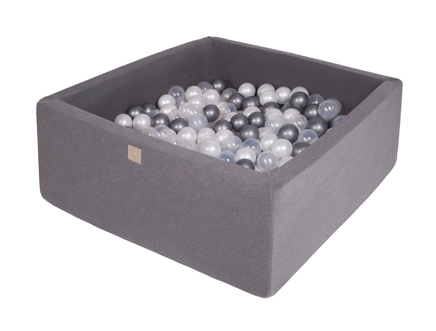 Vierkante ballenbak 90x90x40 - Donker grijs met Parel witte, Zilveren en Transparanten ballen