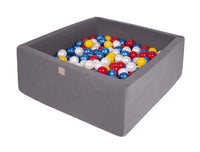Vierkante ballenbak 90x90x40 - Donker grijs met Rode, Gele Parel Witte en Parel blauwe ballen