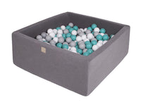 Vierkante ballenbak 90x90x40 - Donker grijs met Turquoise, Grijze en Witte ballen