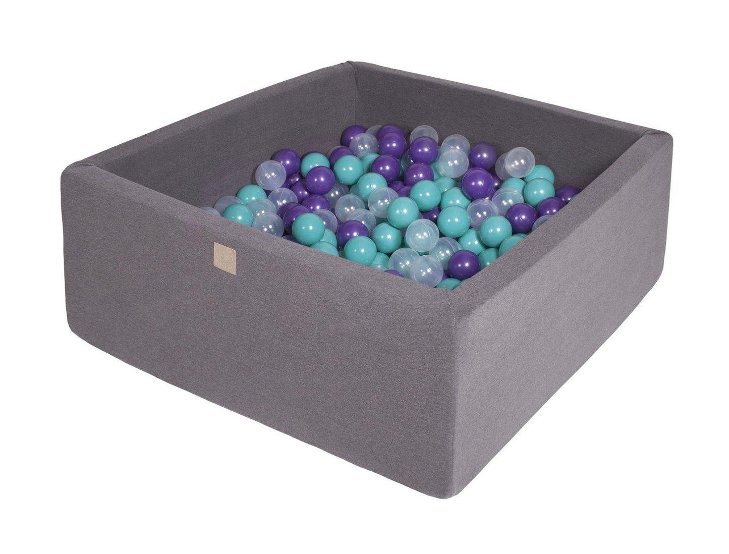 Vierkante ballenbak 90x90x40 - Donker grijs met Turquoise, Violette en Transparanten ballen