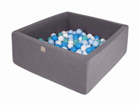 Vierkante ballenbak 90x90x40 - Donker grijs met Witte, Blauwe en Turquoise ballen