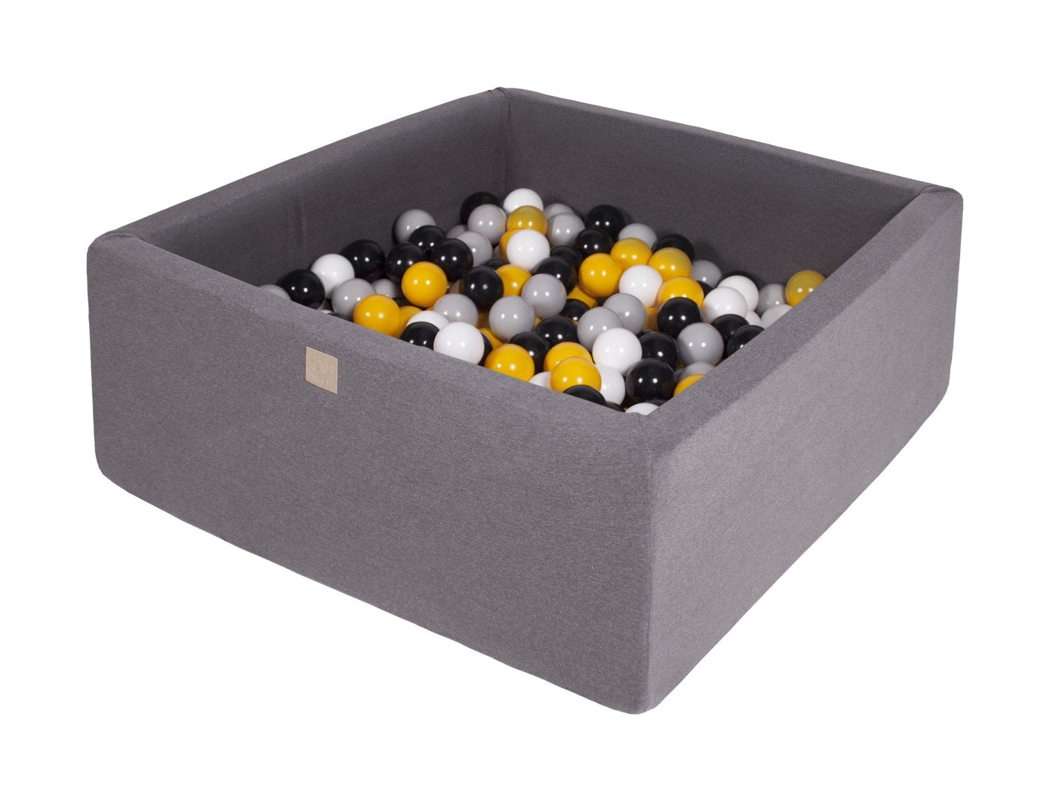 Vierkante ballenbak 90x90x40 - Donker grijs met Witte, Zwarte, Gele en Grijze ballen