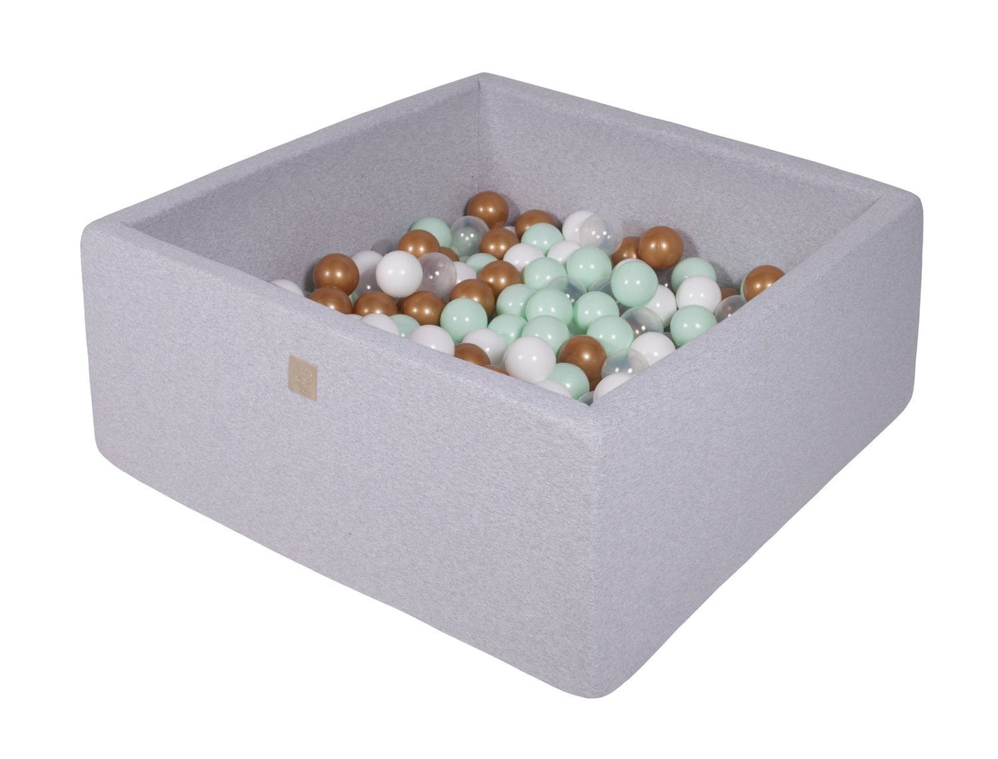 Vierkante ballenbak - Licht grijs met Witte, Gouden, Transparante en Mint ballen